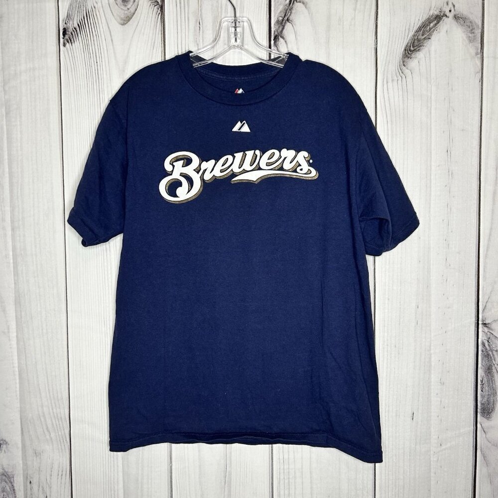 MILWAUKEE BREWERS TREVOR HOFFMAN Majestic Baseball T-Shirt Boys Sz XL Navy